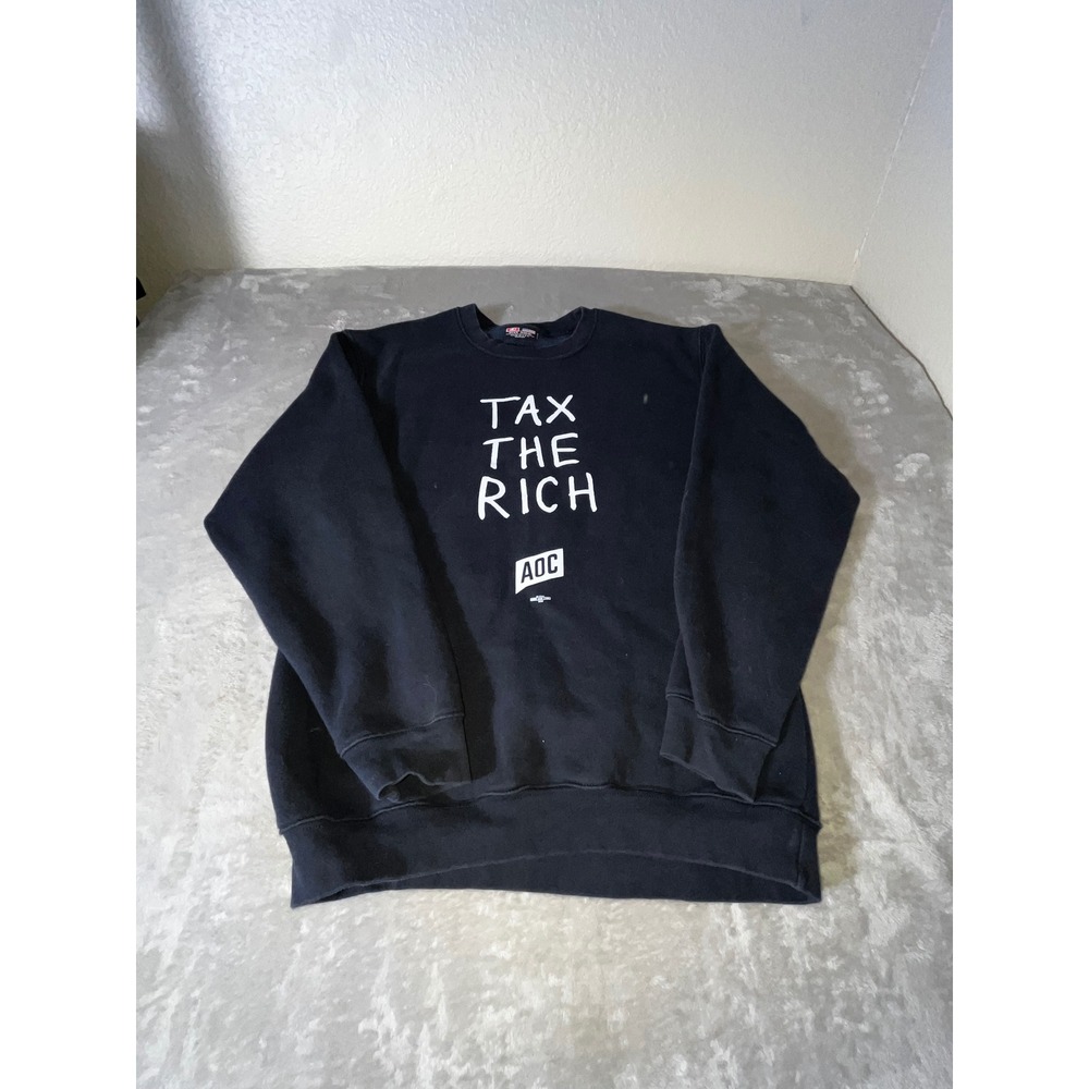 AOC Tax The Rich Sweatshirt Navy Blue Bayside Crewneck Medium Alexandria Ocasio